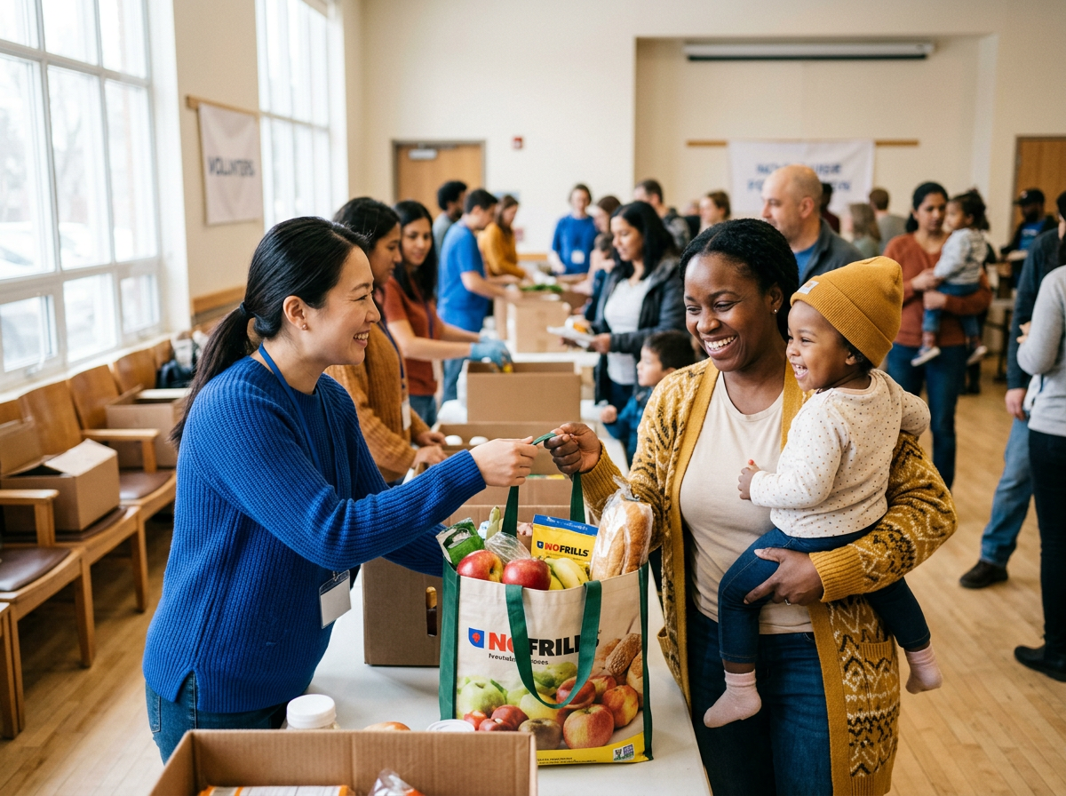 Volunteers supporting a family in a community center